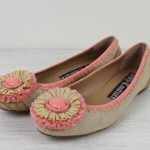 Juicy Couture Rayna Ballet Flats Y2K Straw Twill Floral Embellished Womens 6.5 M